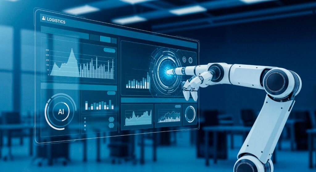 Cloud 14 robotic arm interacting with logistics data interface
