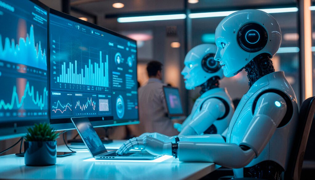 robots analyzing data computer screens